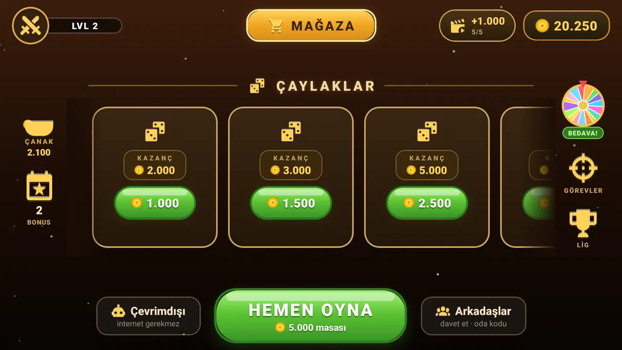 Lobi: masa seçimi ve hemen oyna